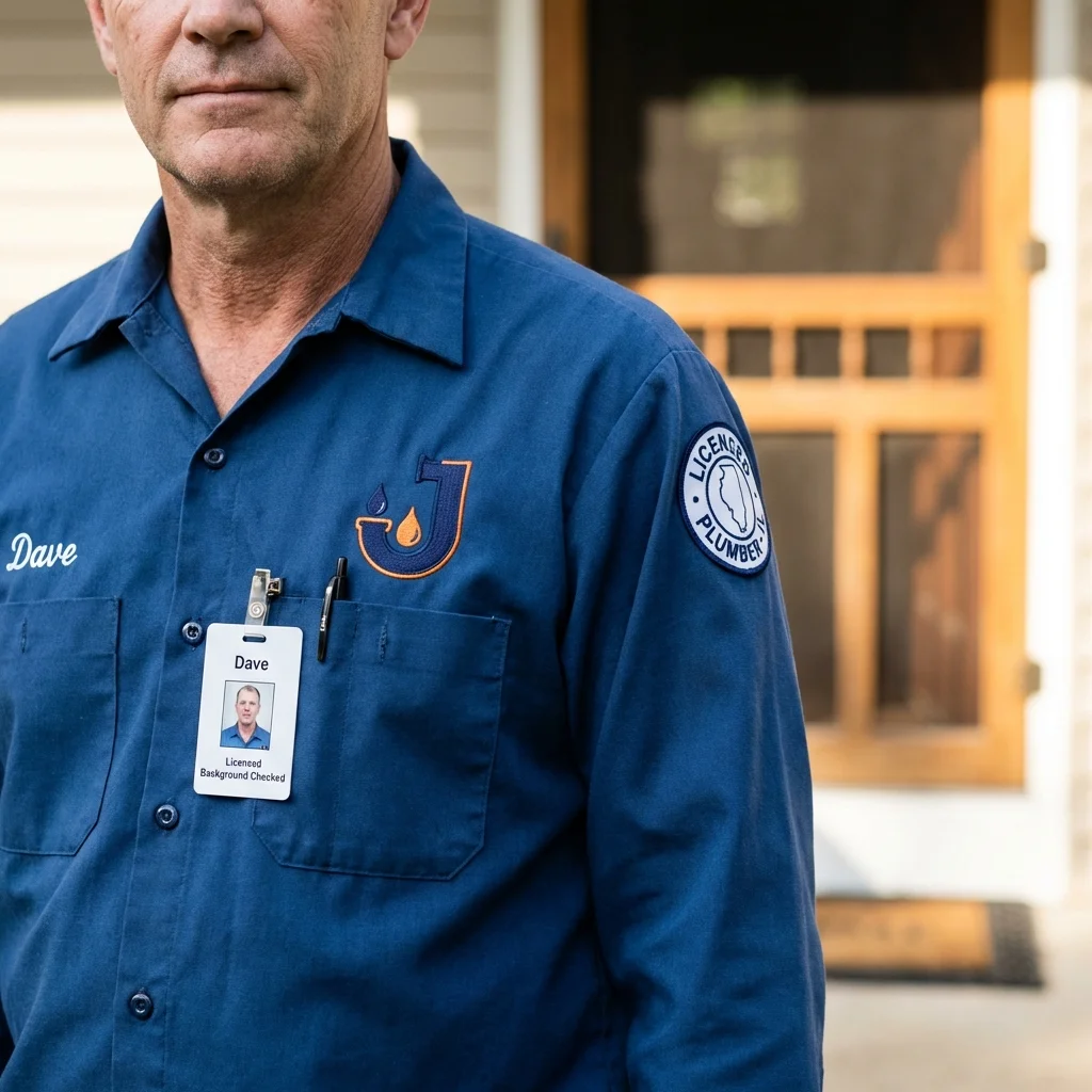 Licensed plumber showing ID badge in Harrisburg, IL