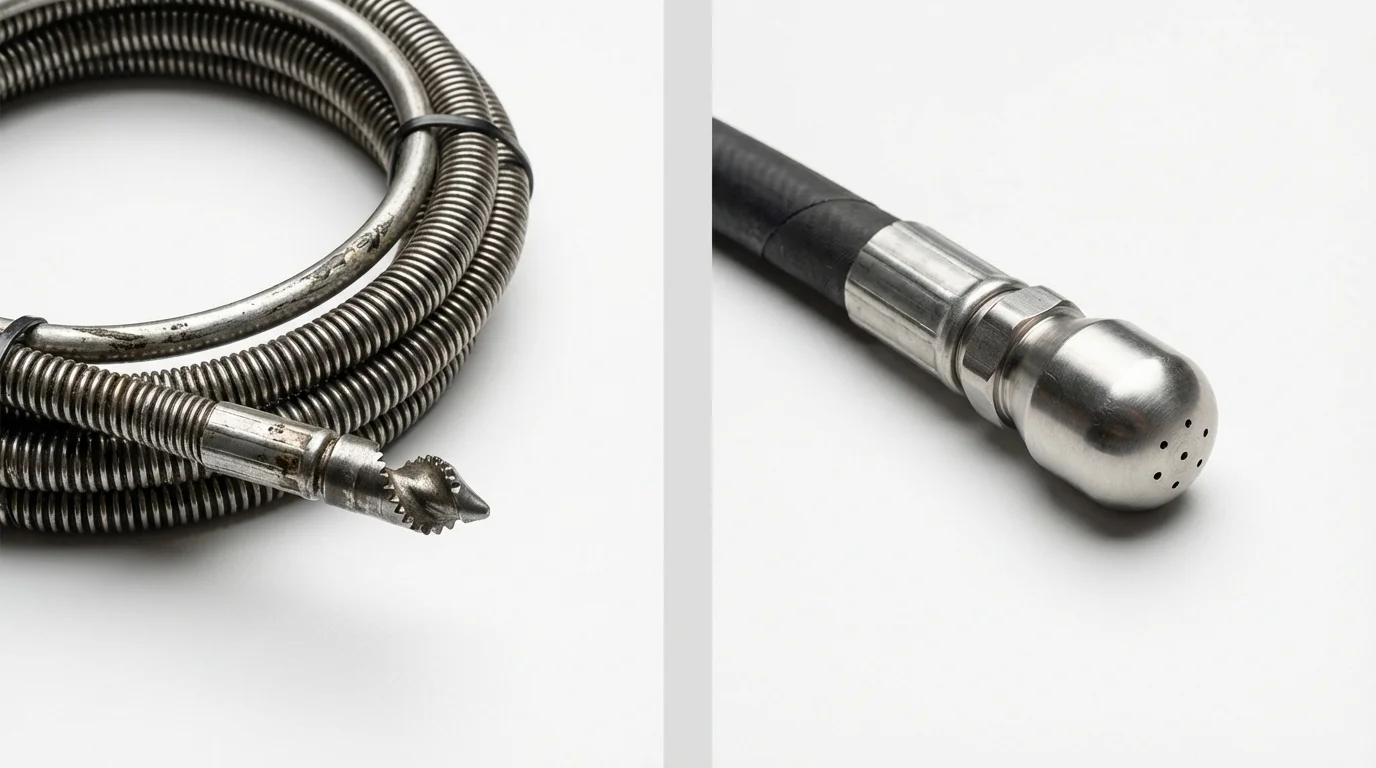 Drain snake cable and hydro jetting nozzle used for drain cleaning in Harrisburg, IL