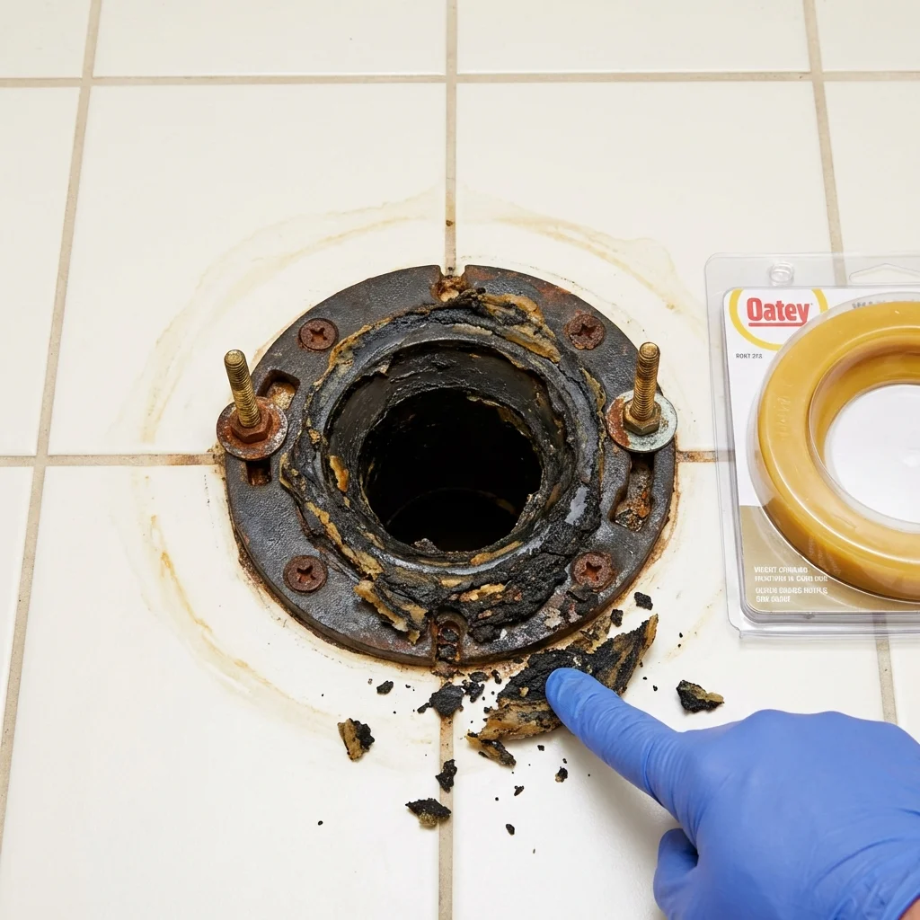 Failed wax ring showing water seepage at the base of a toilet in a Harrisburg, IL home