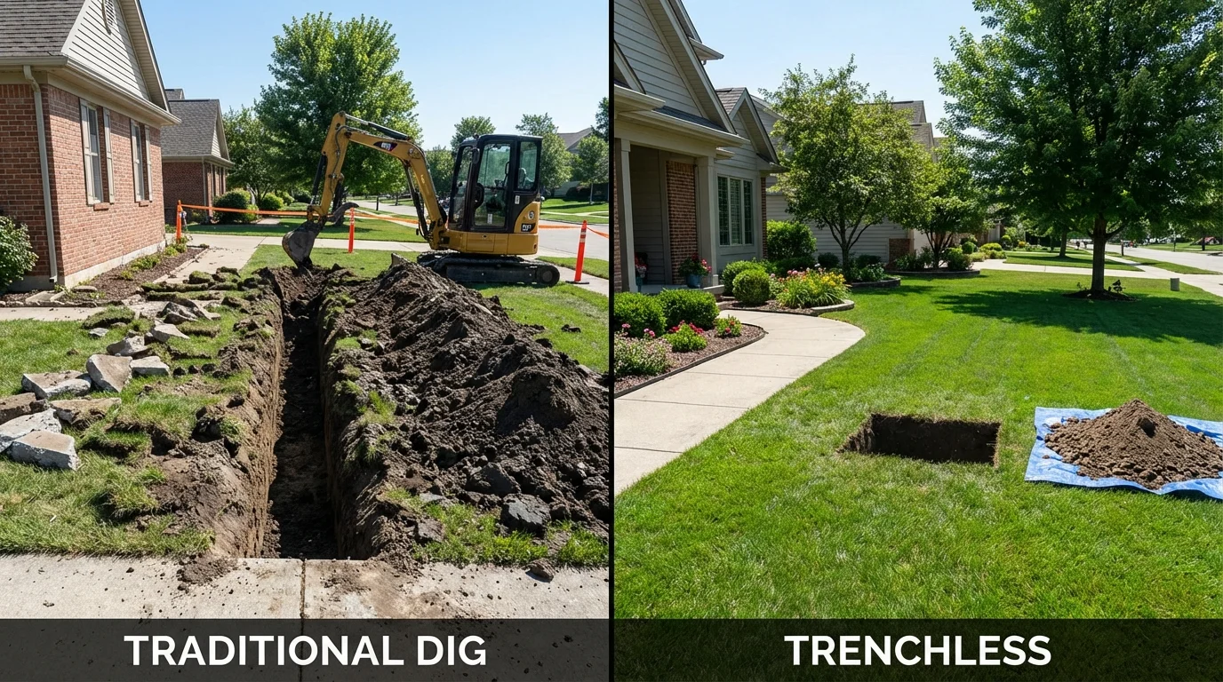 Trenchless sewer repair with minimal yard damage versus traditional excavation in Harrisburg, IL