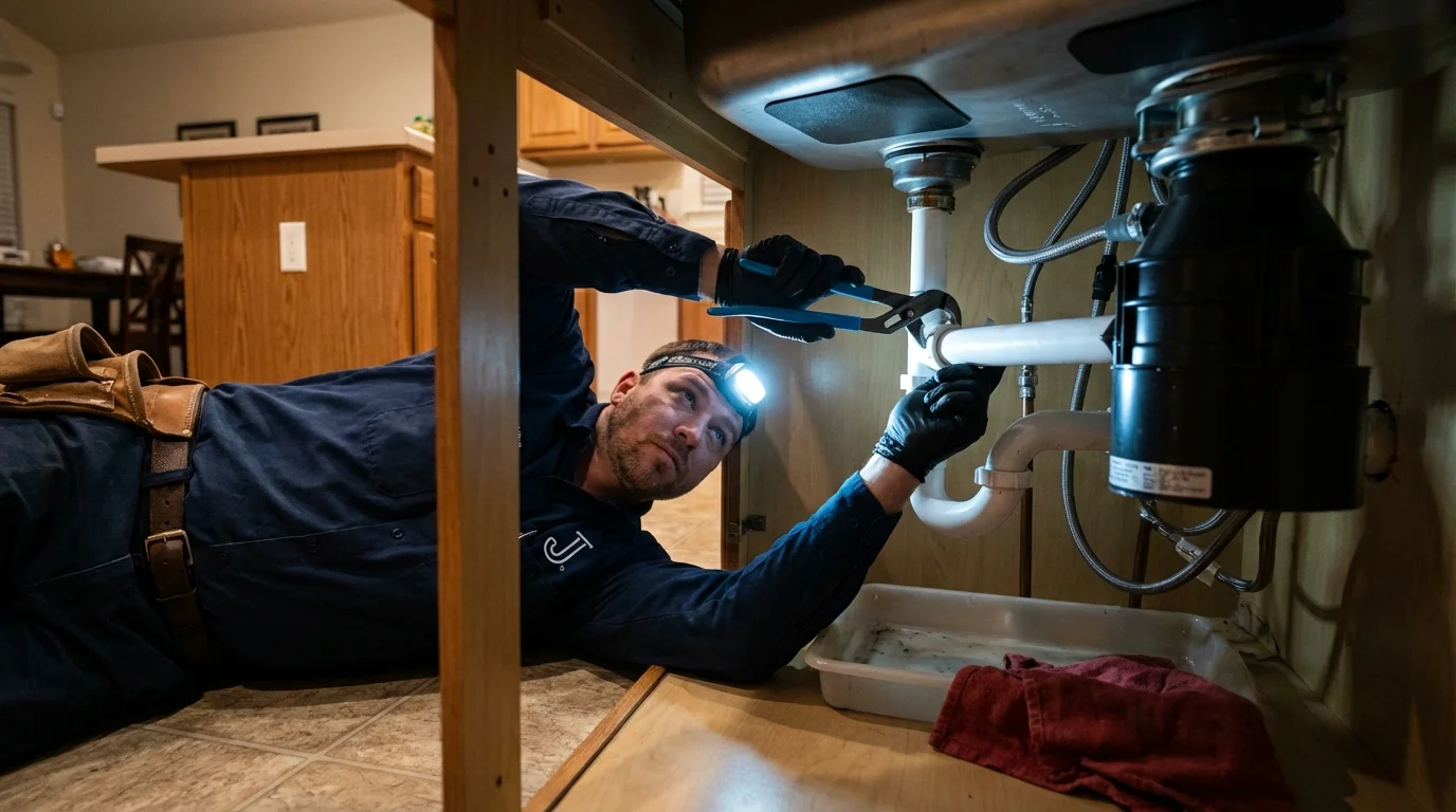 P-trap and supply line connections under a kitchen sink showing a common leak point in Harrisburg, IL